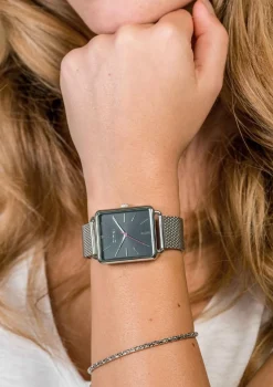 ZINZI Vintage Retro horloge zwarte wijzerplaat en rechthoekige kast stalen mesh band 34mm extra dun ZIW901M