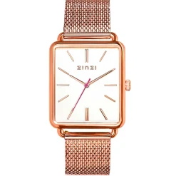 ZINZI Vintage Retro horloge witte wijzerplaat en rechthoekige roségoudkleurige kast stalen mesh band 34mm extra dun ZIW908M