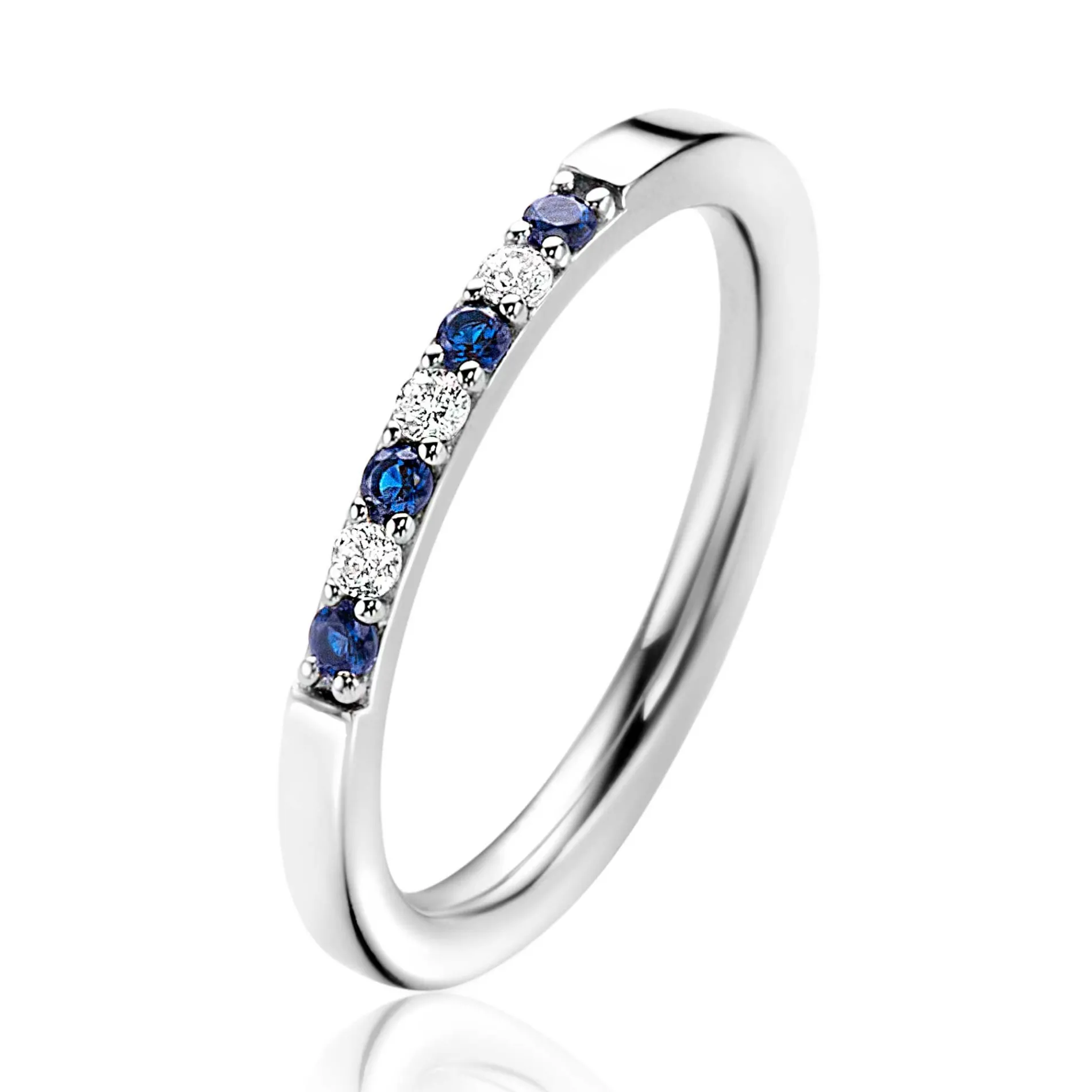 ZINZI zilveren aanschuifring 2mm breed in chatonzettingen bezet met donkerblauwe kleurstenen en witte zirconia's ZIR2559