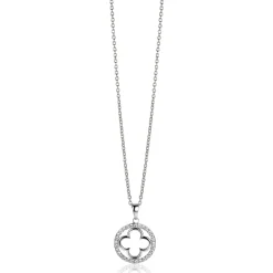 ZINZI zilveren anker ketting met luxe klaver hanger (15mm) rondom bezet met witte zirconia's 45-48cm ZIC2617