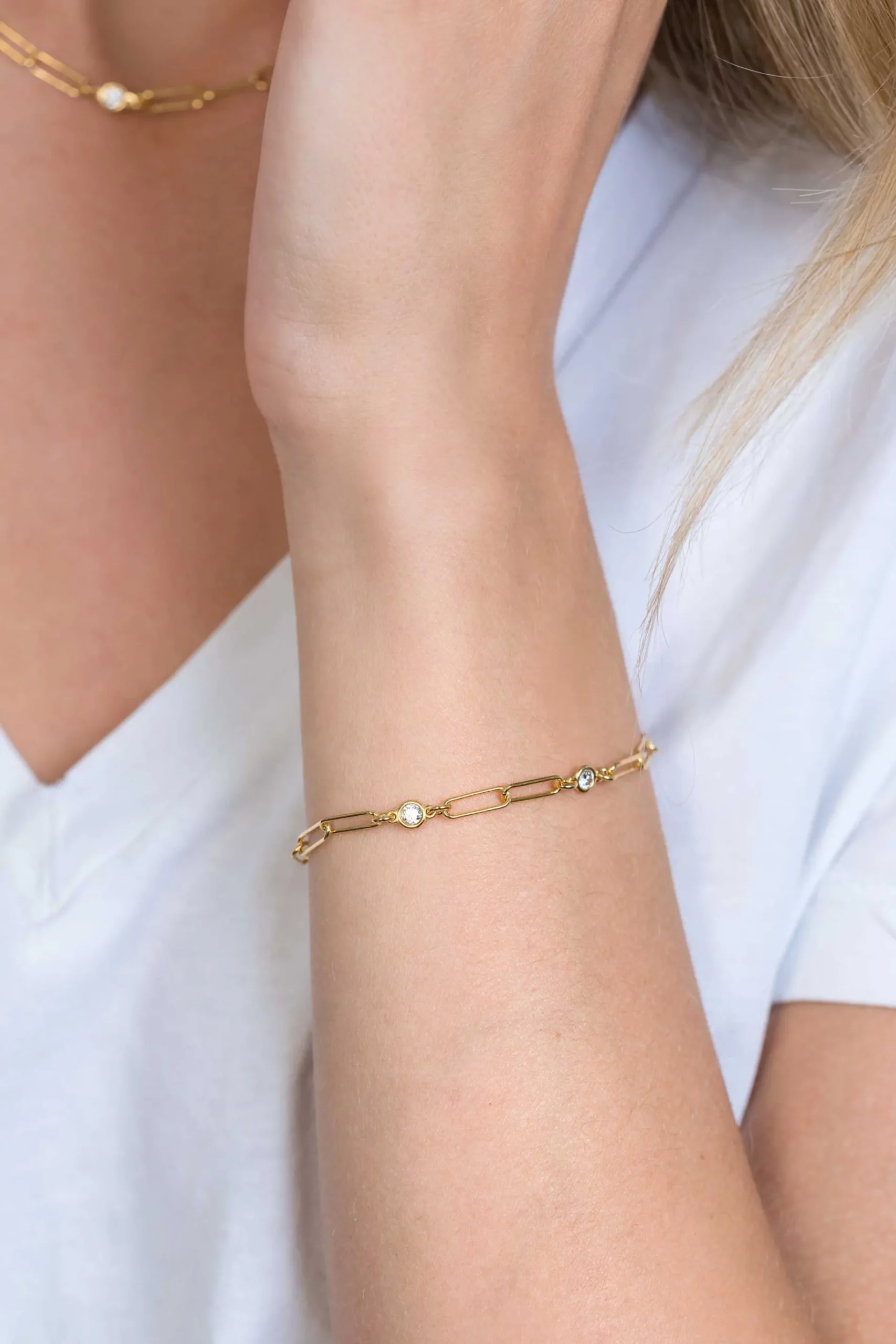 ZINZI zilveren armband 14K geel verguld paperclip schakel rond zirconia 17-20 cm ZIA2079Y