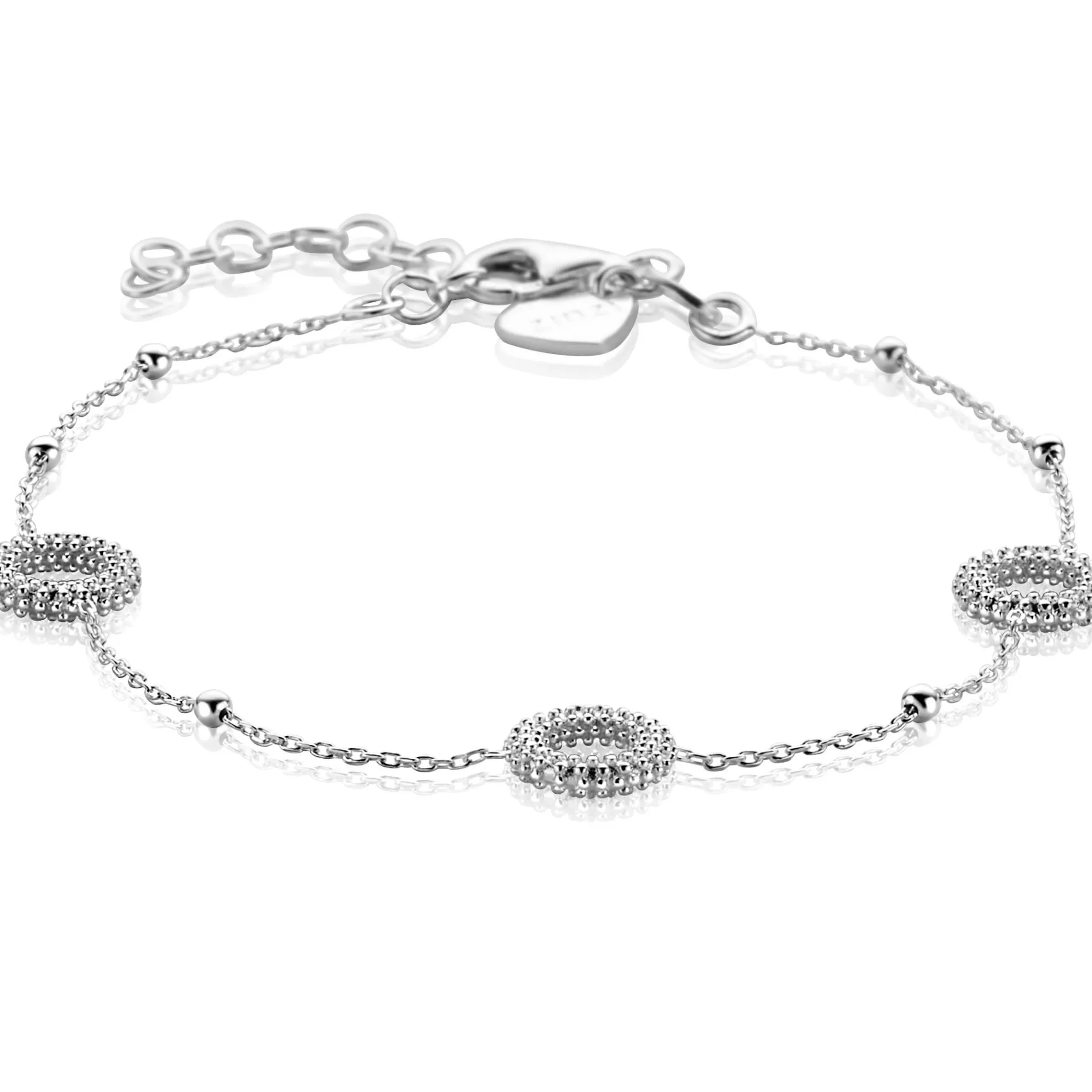ZINZI zilveren armband met drie open rondjes (8,5mm) voorzien van een bolstructuur 17-20cm ZIA2704