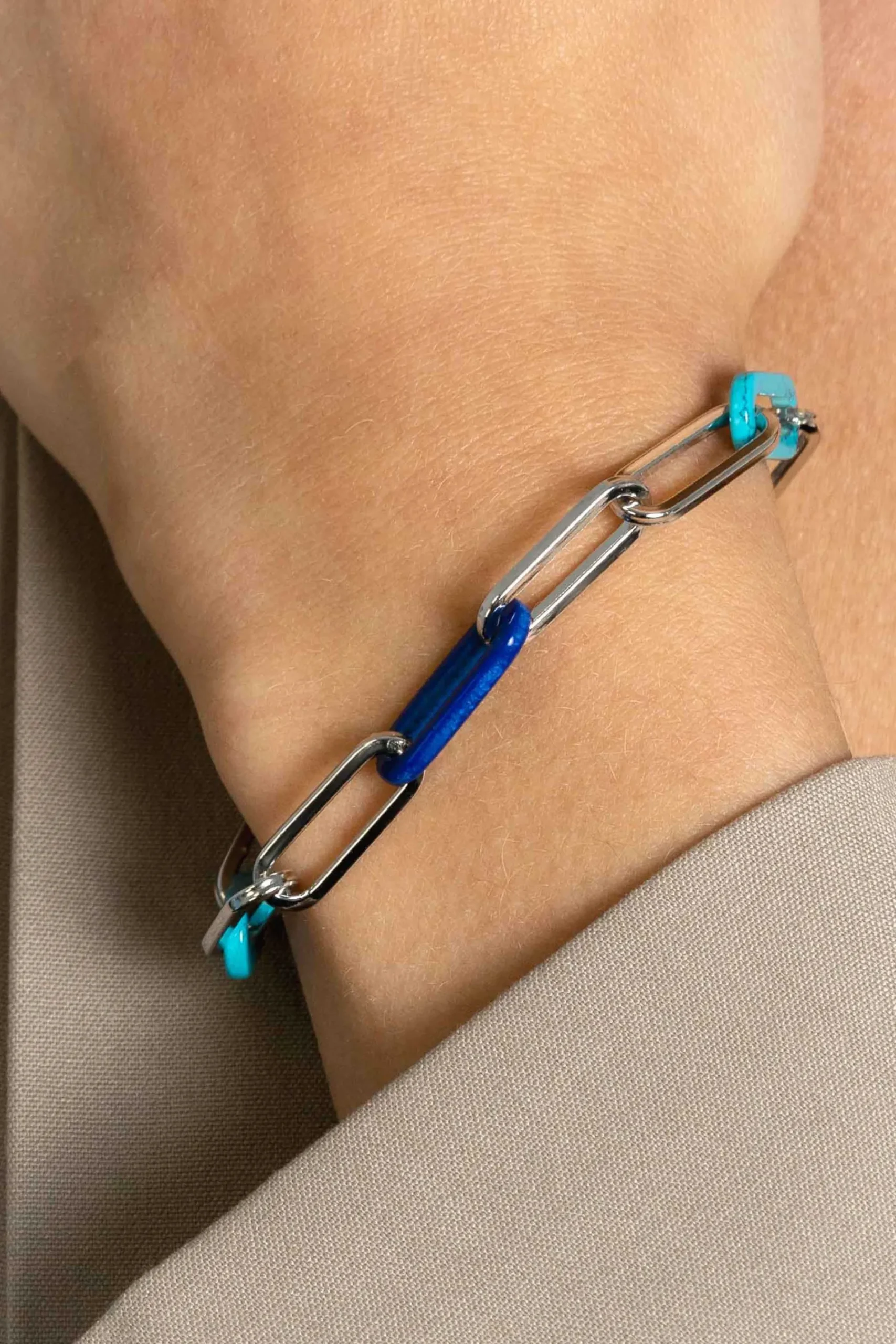 ZINZI zilveren armband met paperclip-schakels en trendy schakels in turquoise en lapisblauw 19cm ZIA2456