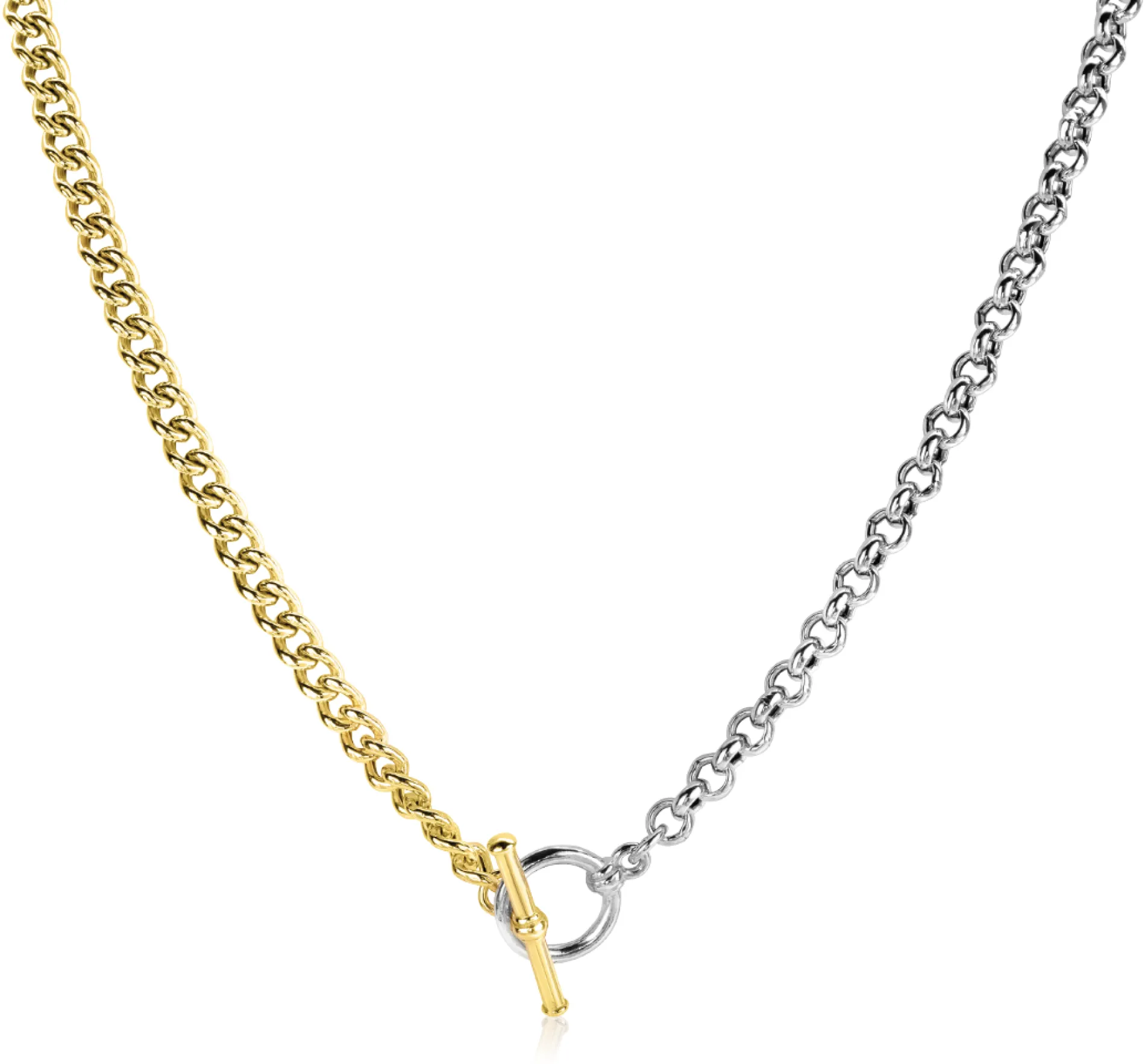 Zinzi zilveren bicolor ketting met trendy jasseron en gold plated gourmet schakels, met kapittel-sluiting 42-45cm ZIC2387