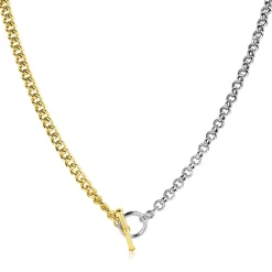 Zinzi zilveren bicolor ketting met trendy jasseron en gold plated gourmet schakels, met kapittel-sluiting 42-45cm ZIC2387