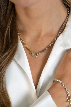 Zinzi zilveren bicolor ketting met trendy jasseron en gold plated gourmet schakels, met kapittel-sluiting 42-45cm ZIC2387