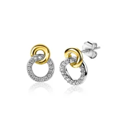 ZINZI zilveren bicolor oorknoppen 11mm verbonden rondjes glad en witte zirconia ZIO2045Y