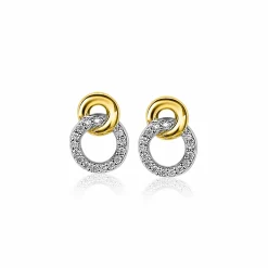 ZINZI zilveren bicolor oorknoppen 11mm verbonden rondjes glad en witte zirconia ZIO2045Y