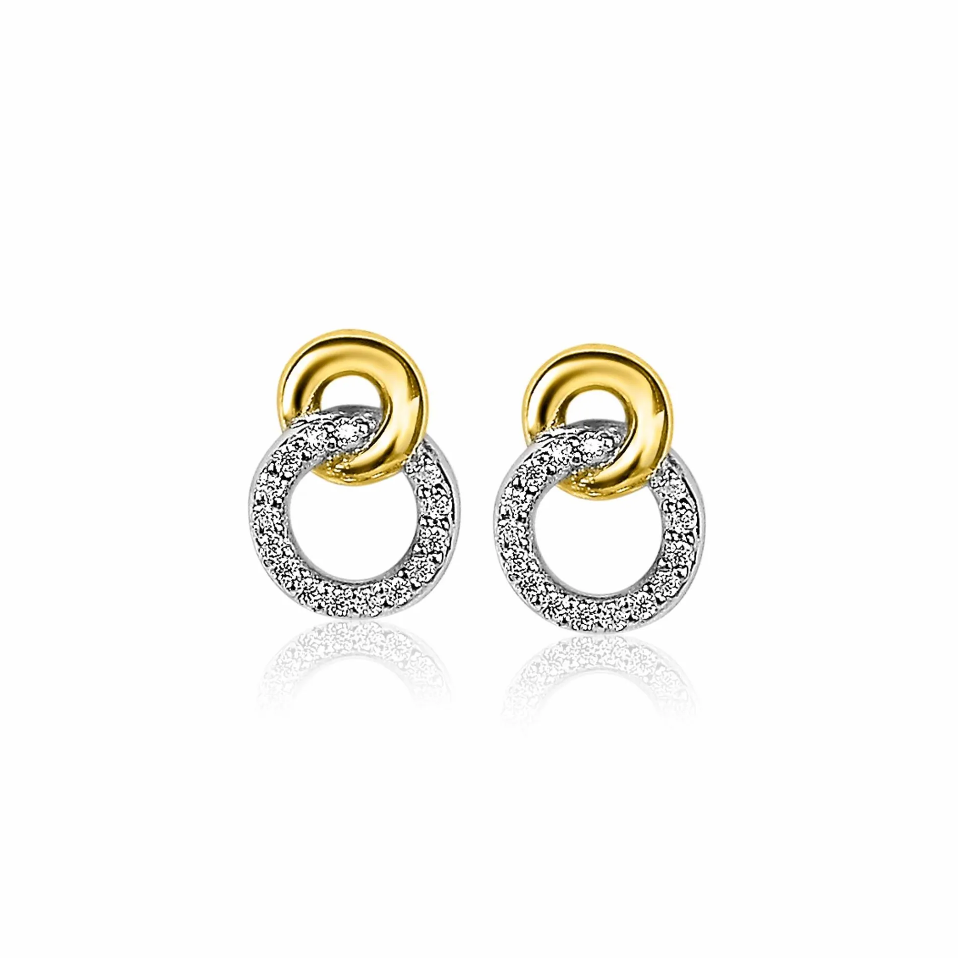 ZINZI zilveren bicolor oorknoppen 11mm verbonden rondjes glad en witte zirconia ZIO2045Y