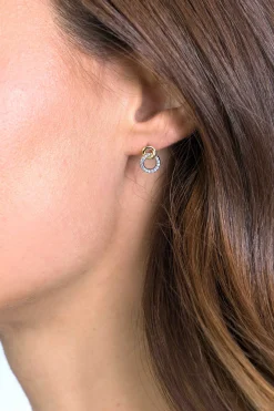 ZINZI zilveren bicolor oorknoppen 11mm verbonden rondjes glad en witte zirconia ZIO2045Y