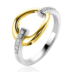 ZINZI zilveren bicolor ring met gold plated open druppelvorm, witte zirconia's in scheen ZIR1709Y