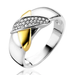 ZINZI zilveren bicolor ring cross-over bezet met witte zirconia's ZIR2240