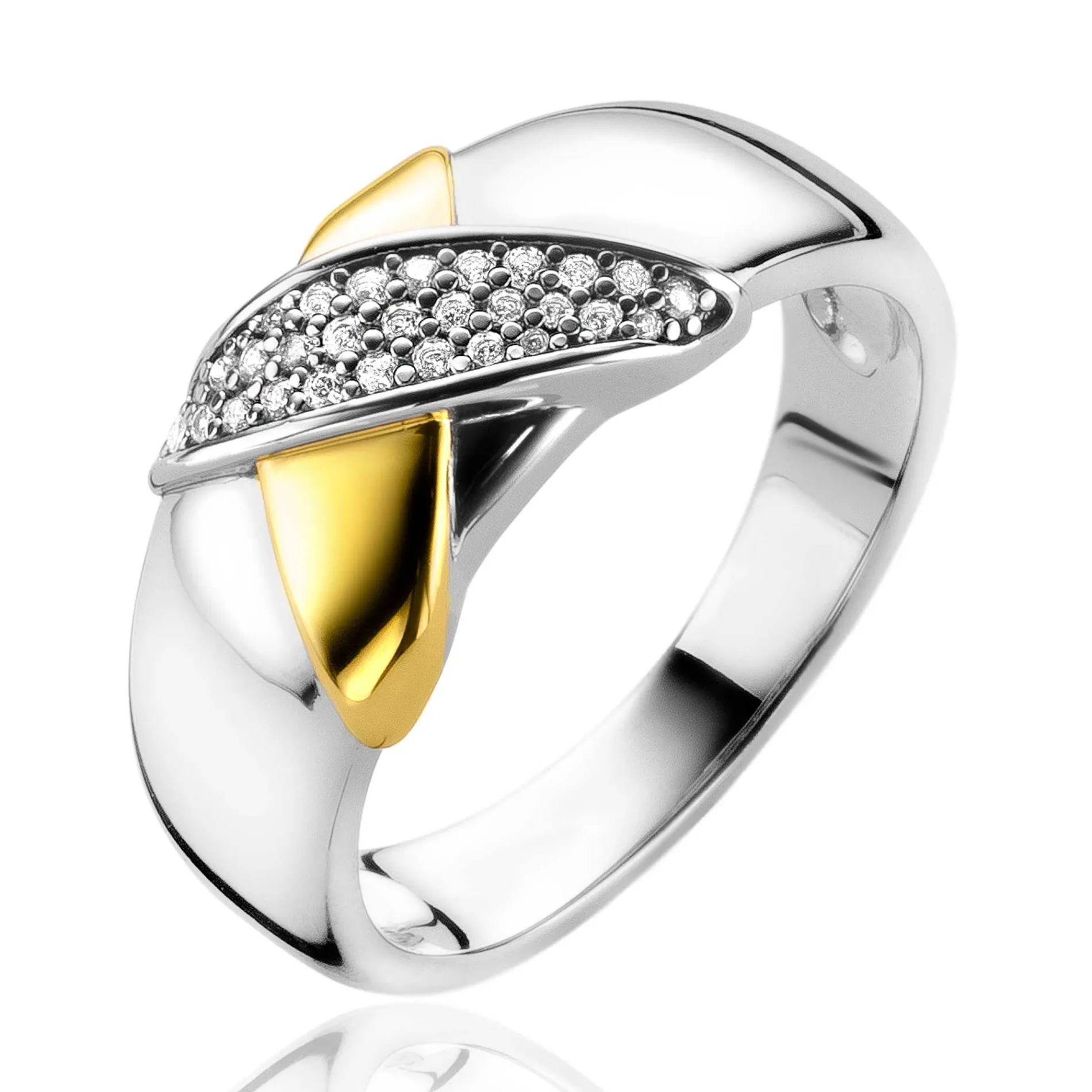 ZINZI zilveren bicolor ring cross-over bezet met witte zirconia's ZIR2240