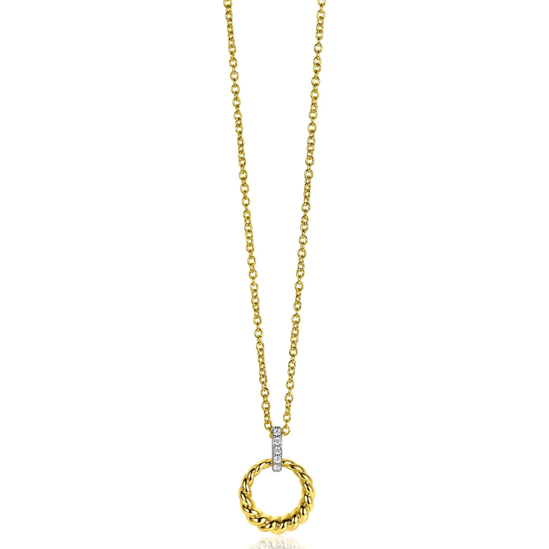 ZINZI zilveren bicolor ronde hanger 15mm gedraaid motief, hangoog bezet met witte zirconia's ZIH2403Y (zonder collier)