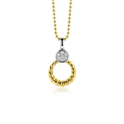 ZINZI zilveren bicolor ronde hanger 20mm gedraaid motief, bezet met witte zirconia's ZIH2390Y (zonder collier)