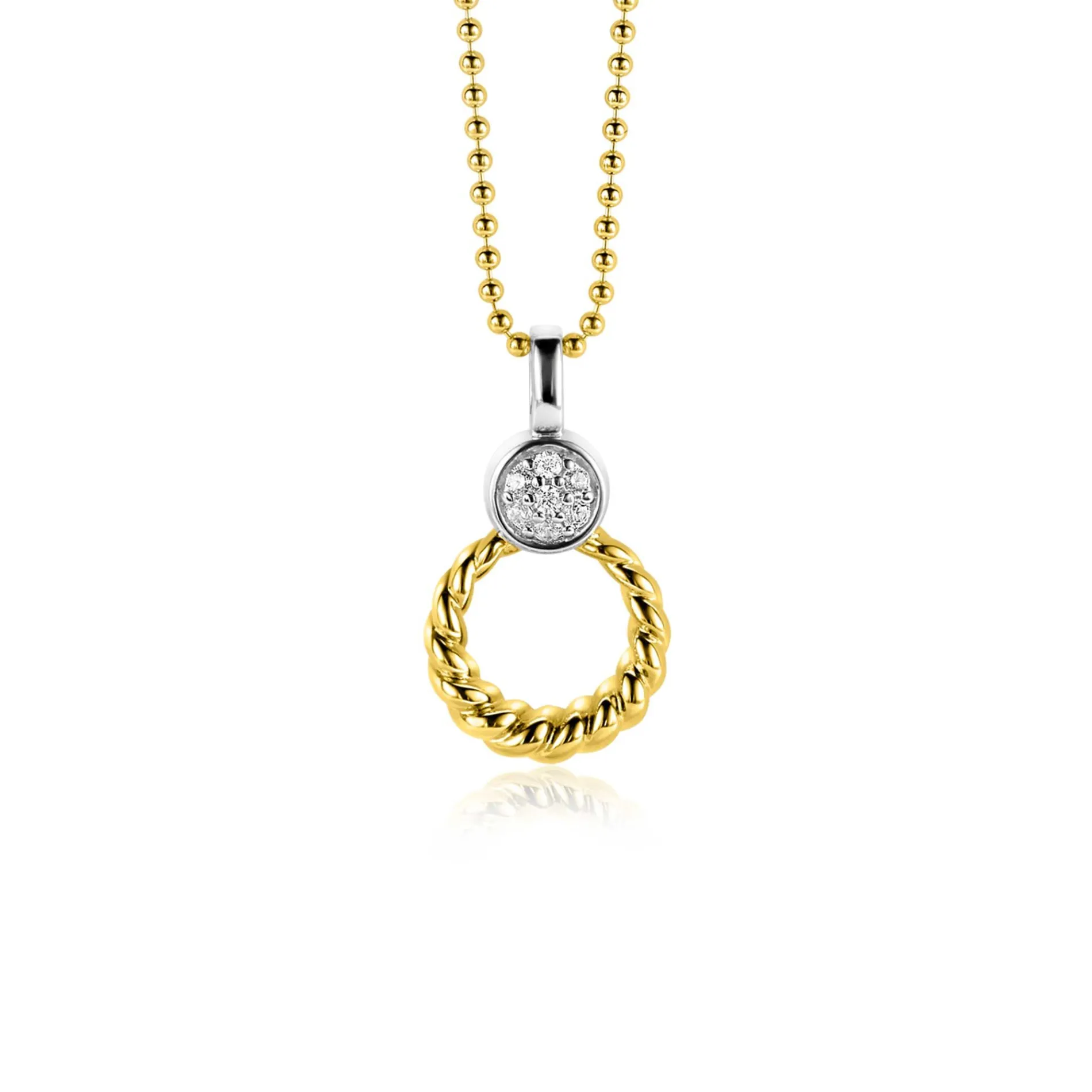 ZINZI zilveren bicolor ronde hanger 20mm gedraaid motief, bezet met witte zirconia's ZIH2390Y (zonder collier)