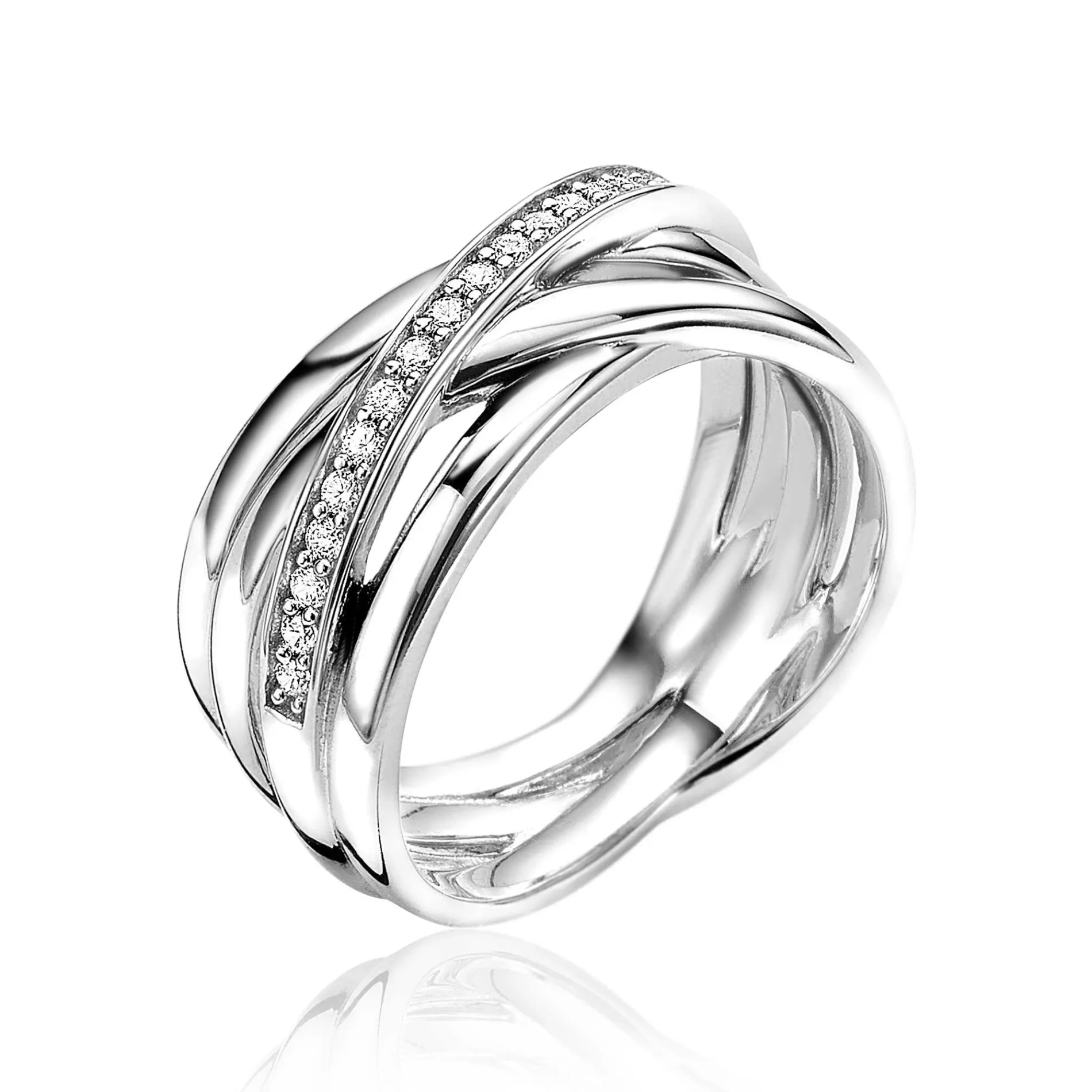 ZINZI zilveren brede cross-over ring glad wit ZIR1790