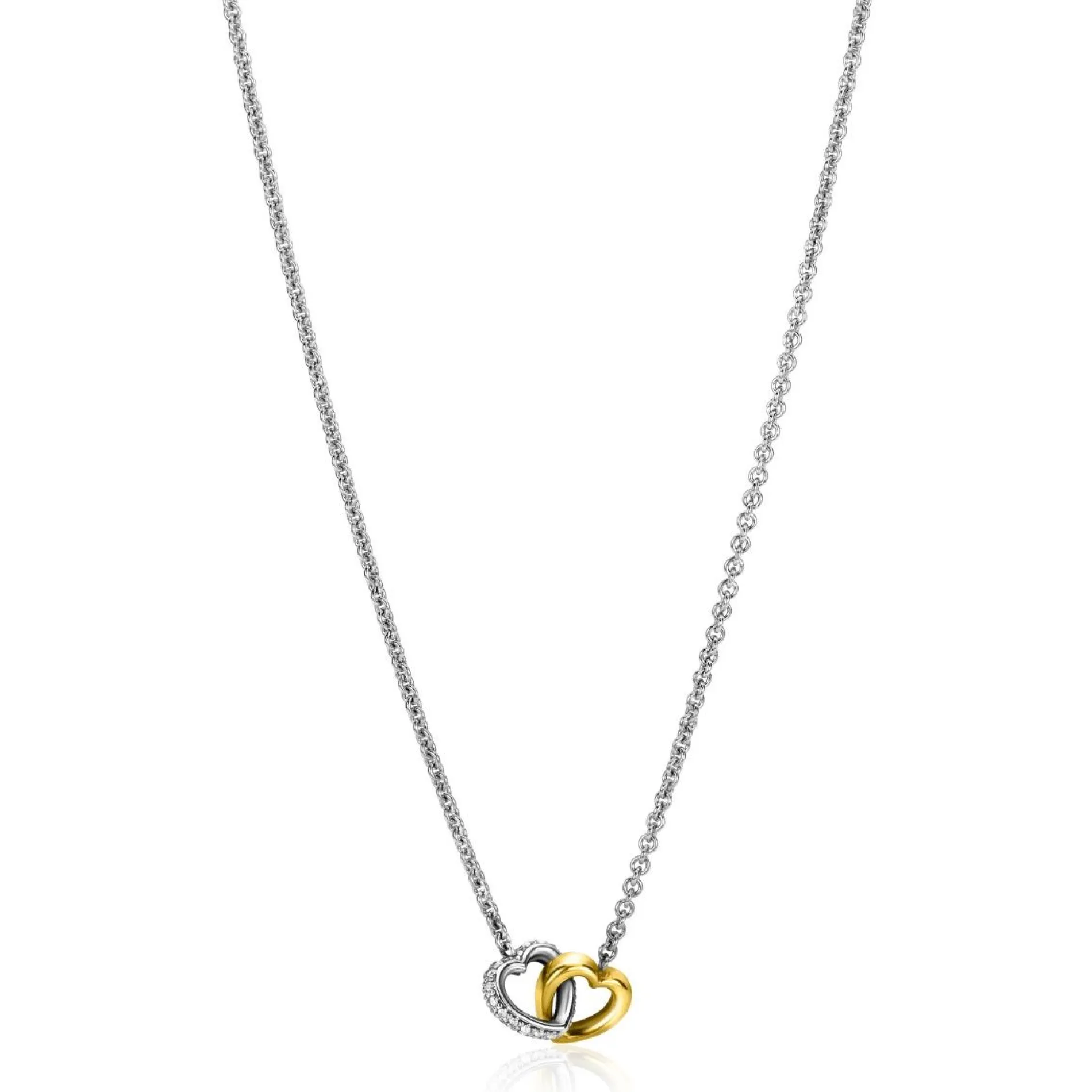 ZINZI zilveren collier bicolor schakel met twee harten verbonden 42-45cm ZIC2276