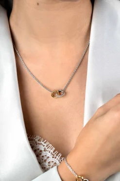 ZINZI zilveren collier bicolor schakel met twee harten verbonden 42-45cm ZIC2276
