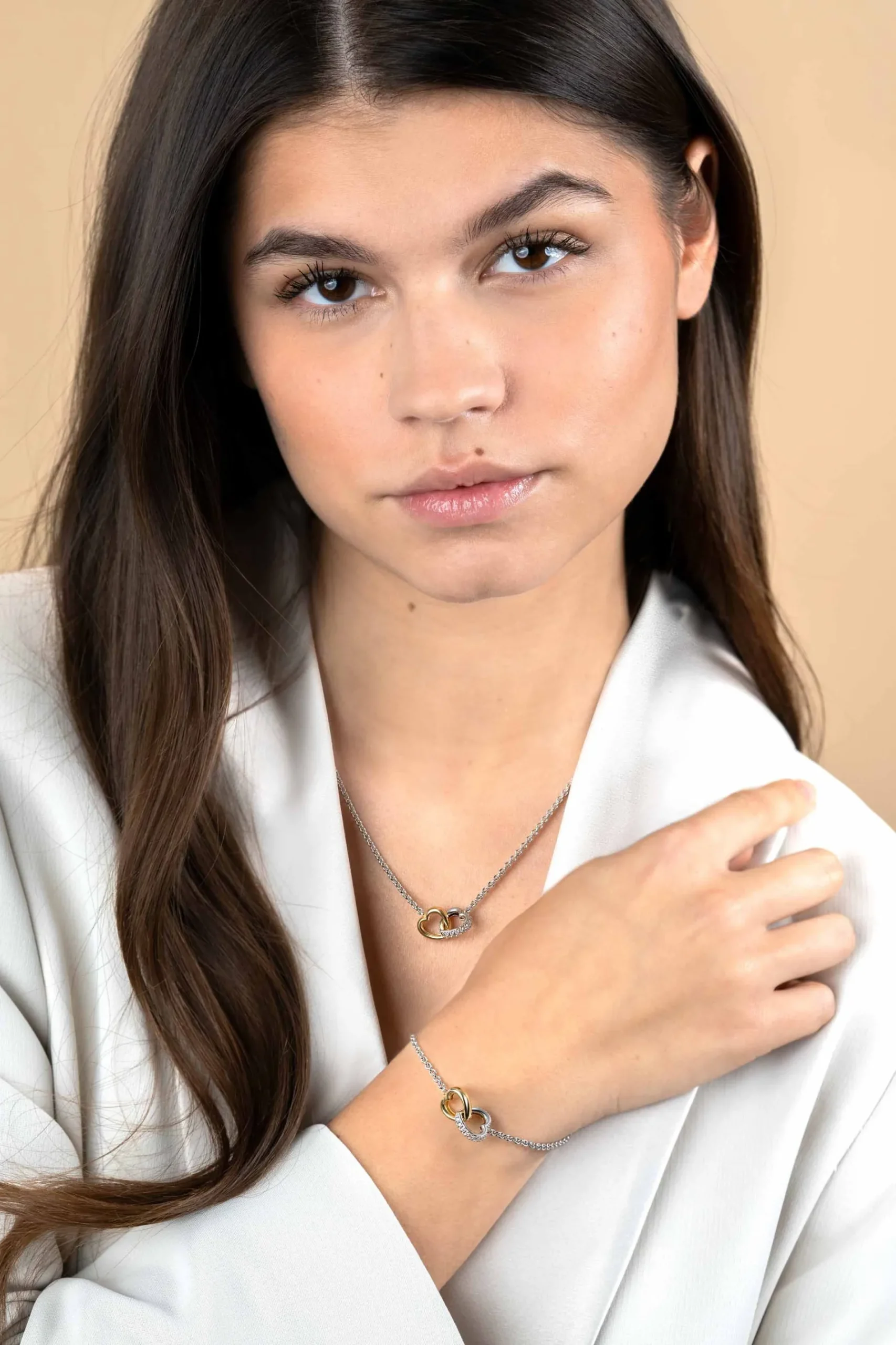 ZINZI zilveren collier bicolor schakel met twee harten verbonden 42-45cm ZIC2276