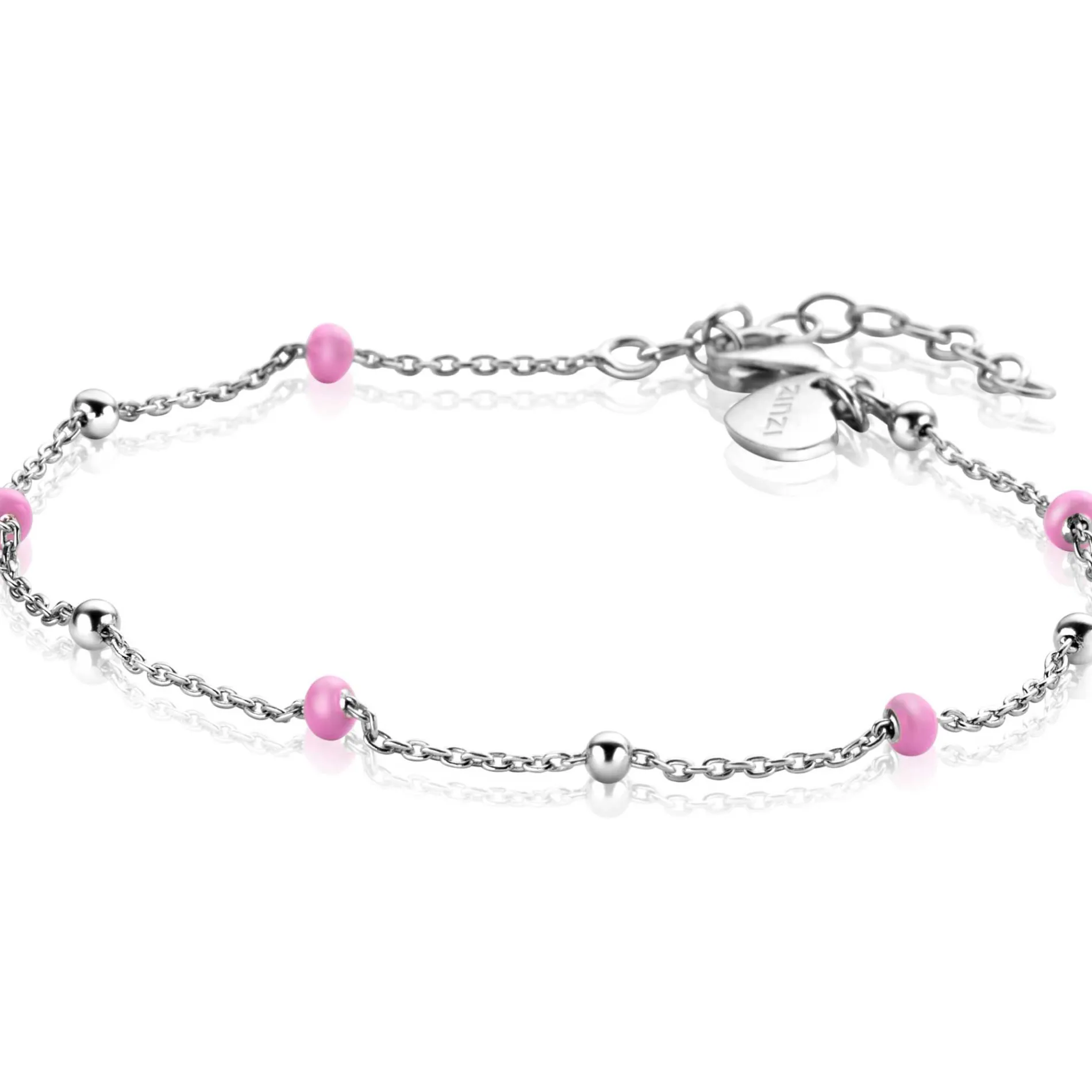 ZINZI zilveren fantasie armband met 5 roze donuts en glanzende bolletjes 17-19,5cm ZIA2510