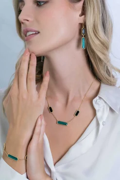 ZINZI zilveren fantasie collier 14K geel verguld met grote rechthoekige kleurstenen groen/zwart 42-45cm ZIC2112