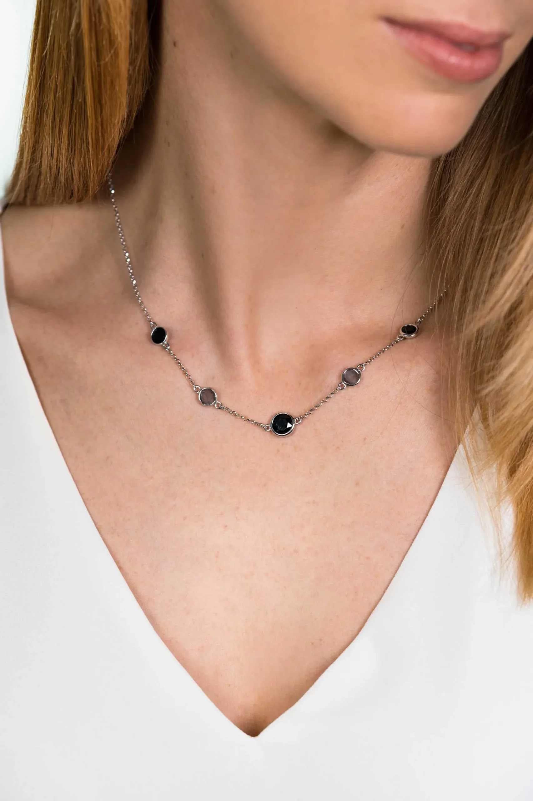 ZINZI zilveren fantasie collier met zwarte grijze kleurstenen 45cm ZIC1937