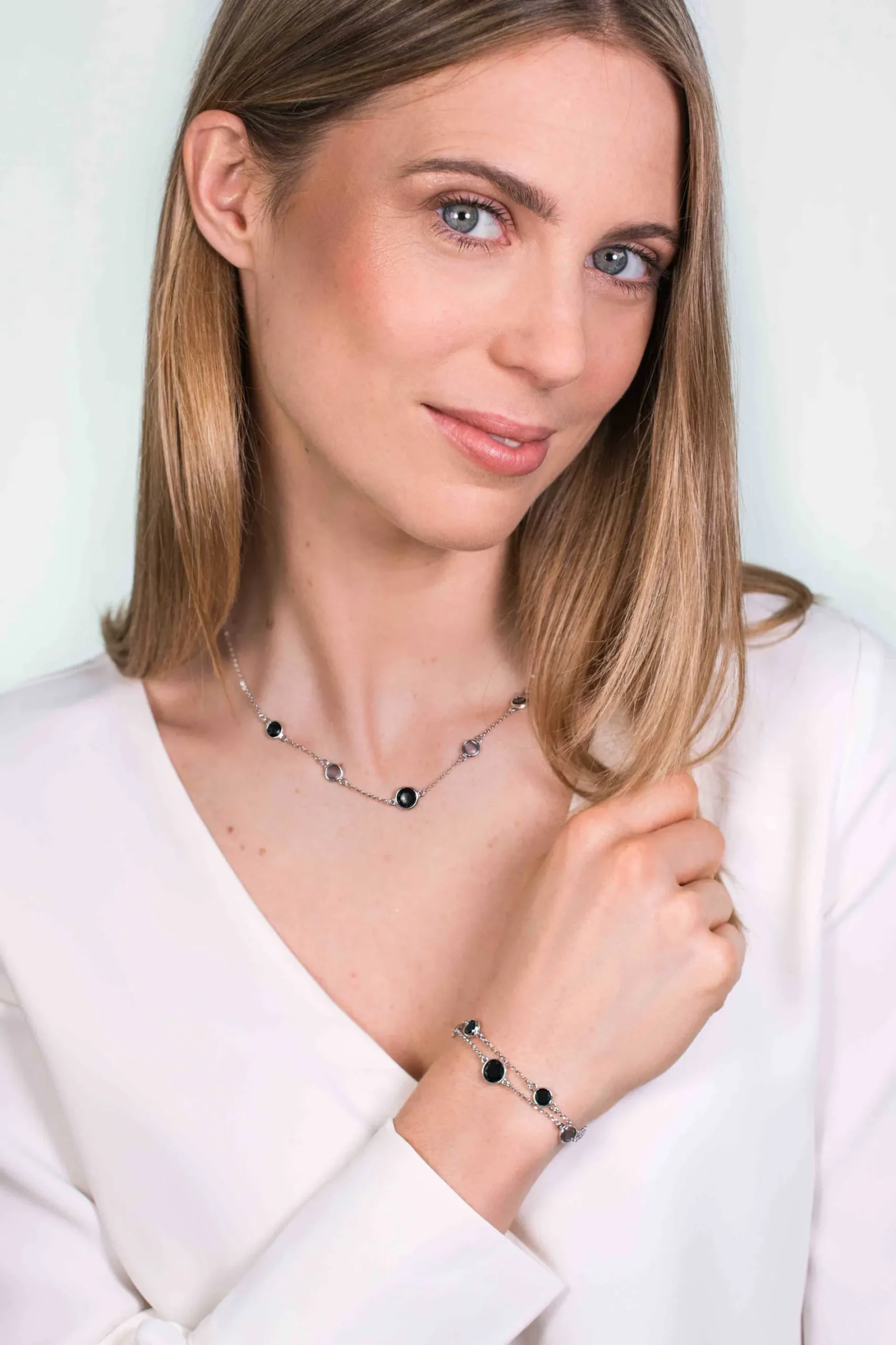 ZINZI zilveren fantasie collier met zwarte grijze kleurstenen 45cm ZIC1937