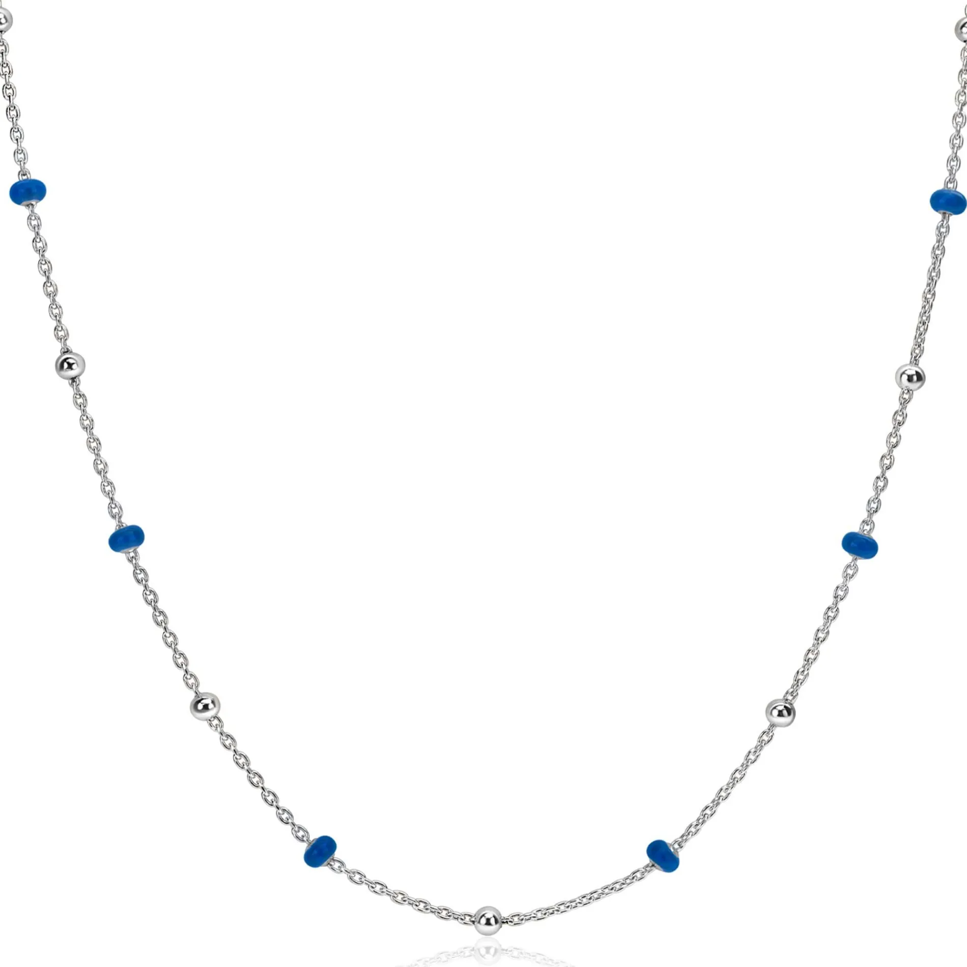 ZINZI zilveren fantasie ketting met 13 blauwe donuts en glanzende bolletjes 42-45cm ZIC2511