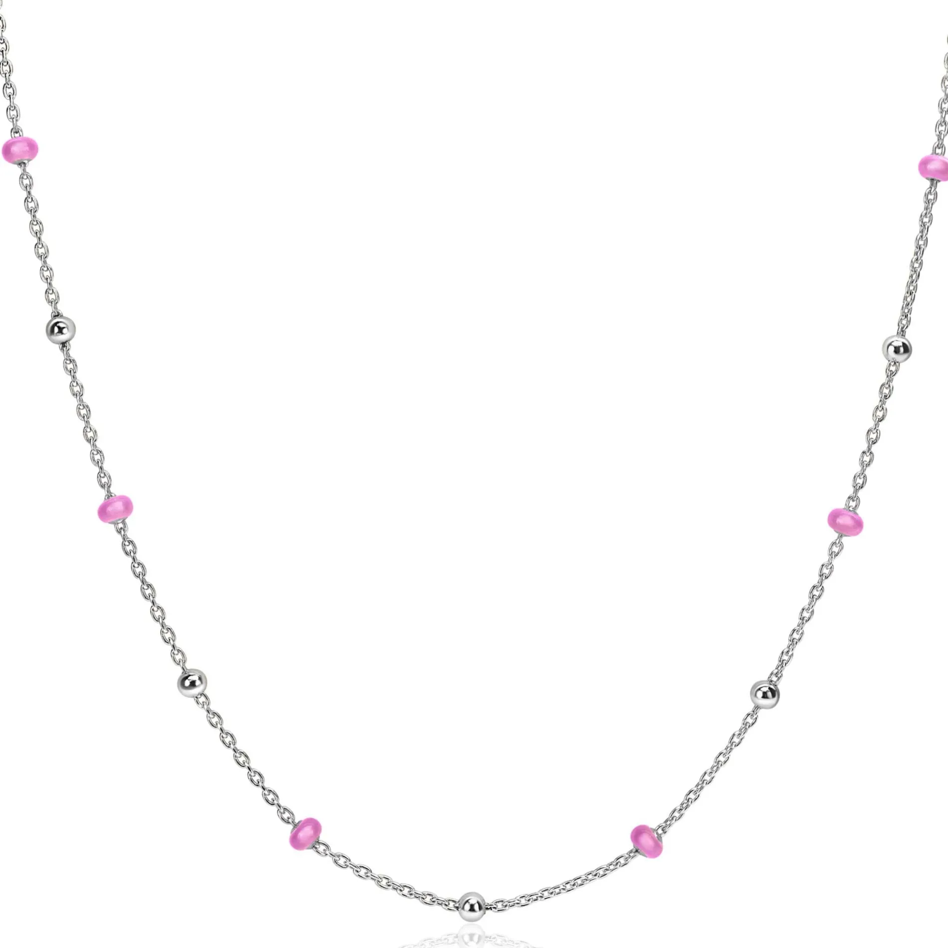 ZINZI zilveren fantasie ketting met 13 roze donuts en glanzende bolletjes 42-45cm ZIC2510