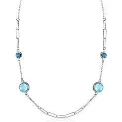 ZINZI zilveren fantasie ketting met paperclip schakels en vier ronde zettingen bezet met licht blauwe en indigo blauwe kleurstenen 40-45cm ZIC2418