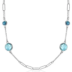 ZINZI zilveren fantasie ketting met paperclip schakels en vier ronde zettingen bezet met licht blauwe en indigo blauwe kleurstenen 40-45cm ZIC2418