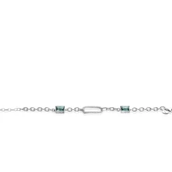 ZINZI zilveren fantasie schakel armband met ovale schakel, bezet met witte zirconia's en twee groenachtig blauwe (petrol) kleurstenen in vierpootszetting 18-21cm ZIA2487