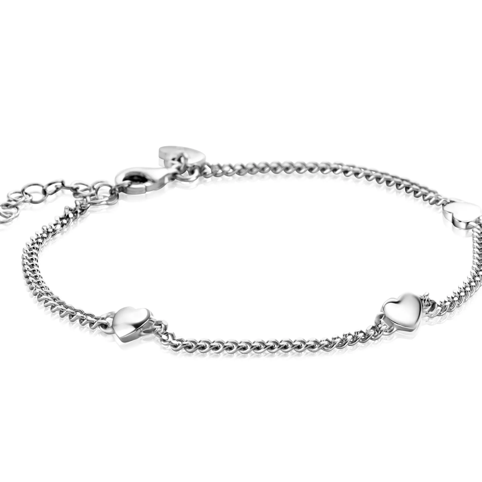 ZINZI zilveren gourmet armband met drie glanzende hartjes 17-20cm ZIA2408