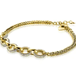 ZINZI zilveren gourmet armband 14K geel verguld grove ovale schakels bicolor witte zirconia ZIA2203Y