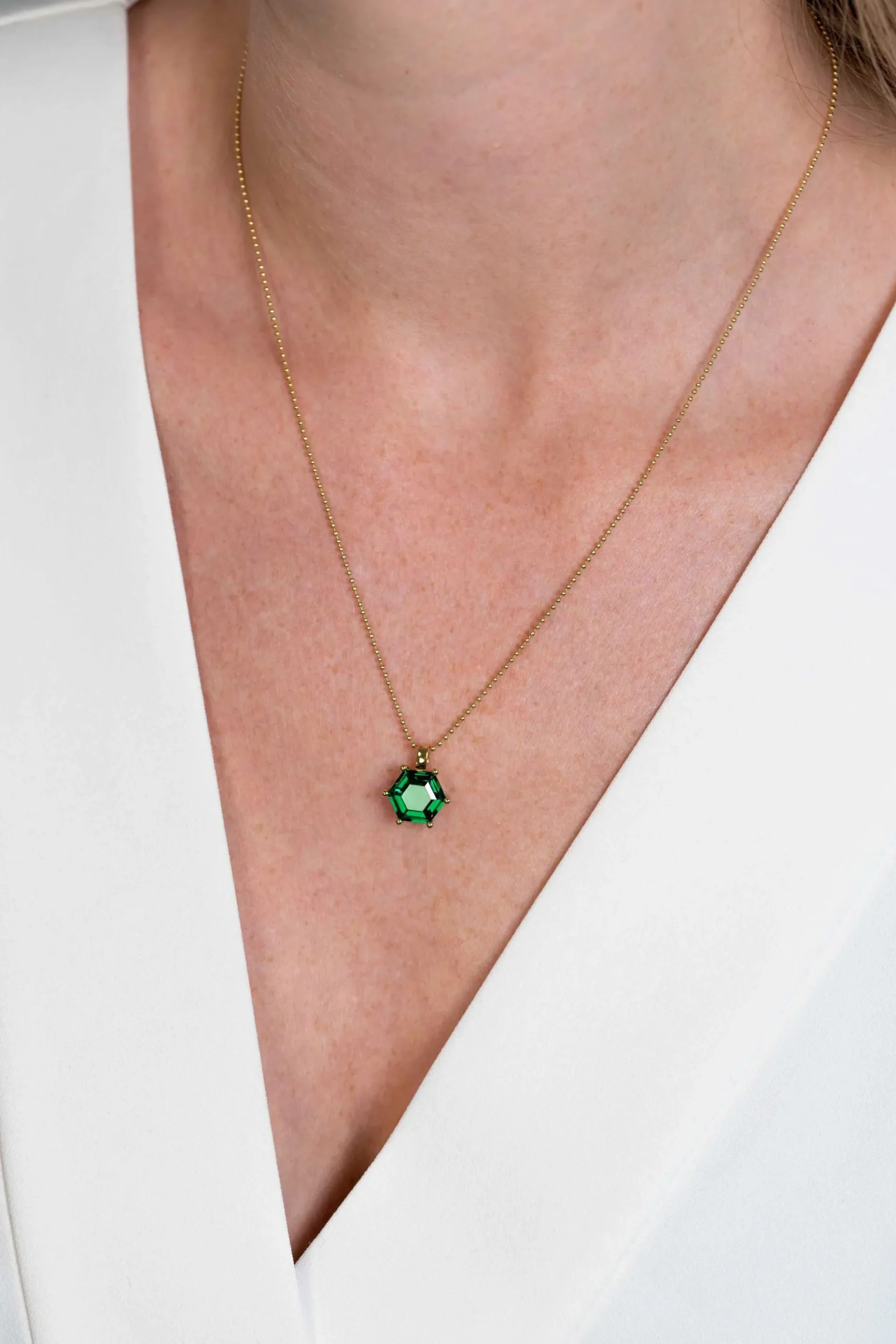 ZINZI zilveren hanger extra 14K geel verguld met zeshoekige groene kleursteen 15mm ZIH2259G (zonder collier)