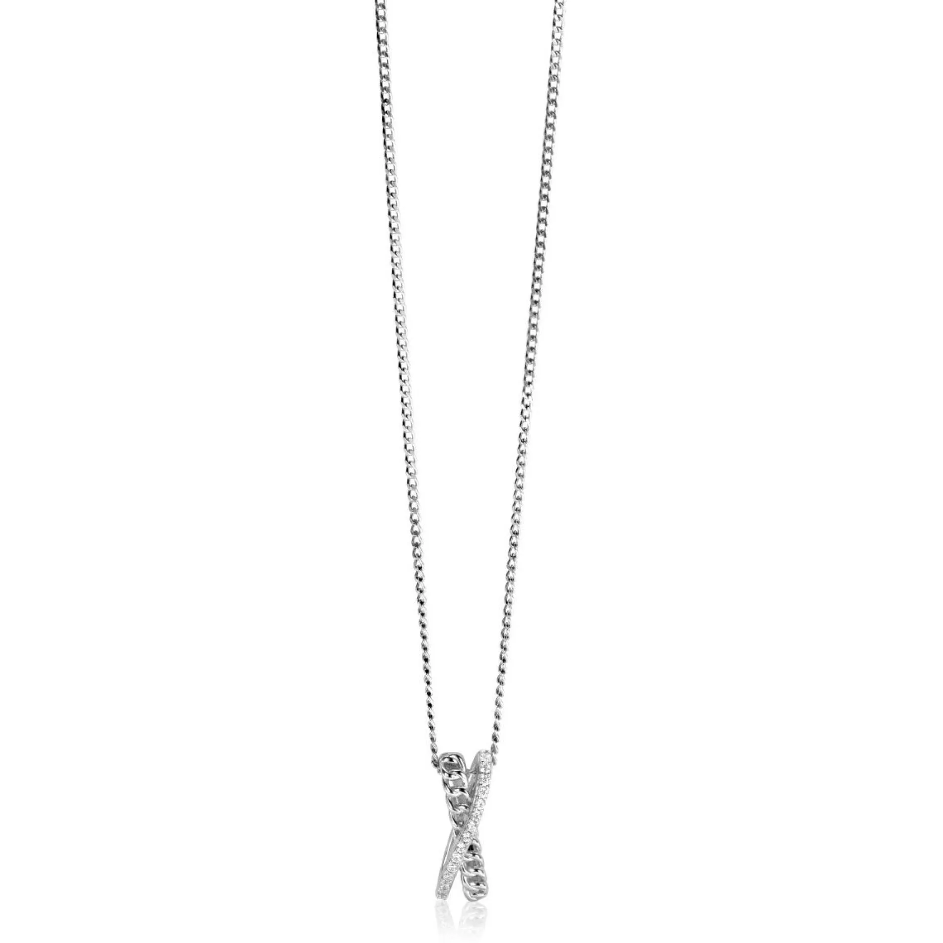 ZINZI zilveren hanger met cross-over design, bezet met witte zirconia's en gourmet schakels 20mm ZIH2326 (zonder collier)
