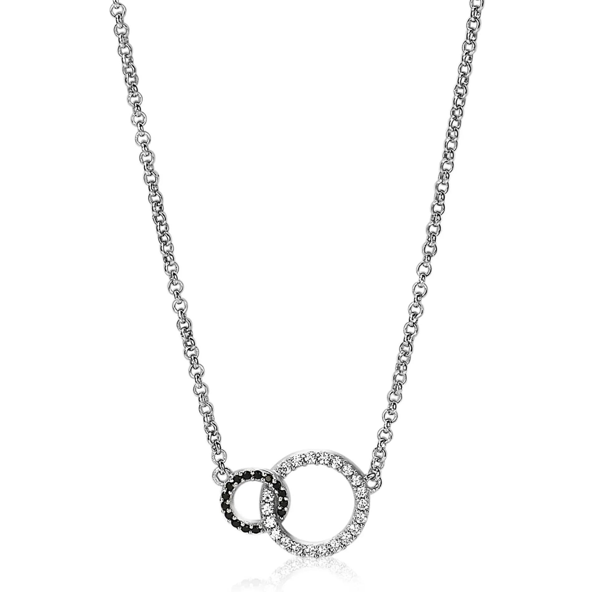 ZINZI zilveren ketting 2 open rondjes verbonden zwart wit 40-45cm ZIC1987