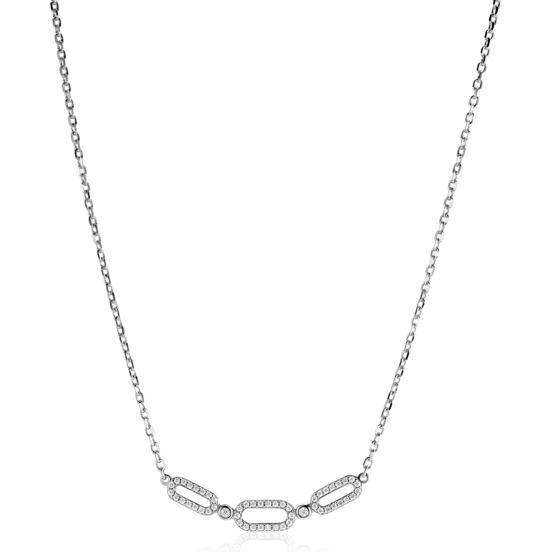 ZINZI zilveren ketting 45cm met drie ovale schakels, bezet met witte zirconia's ZIC2398