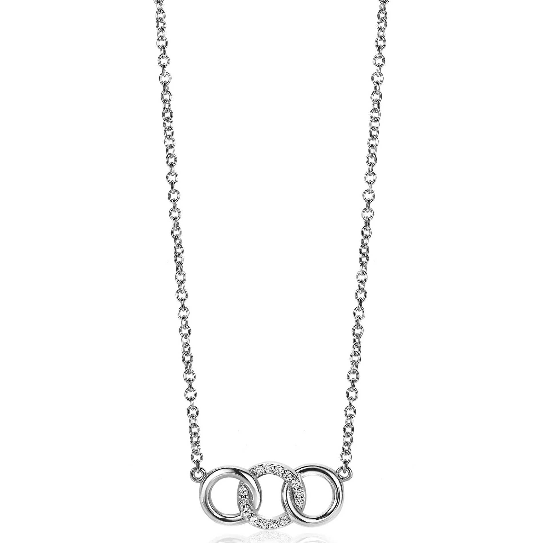 ZINZI zilveren ketting 45cm met 3 open rondjes verbonden wit ZIC2045