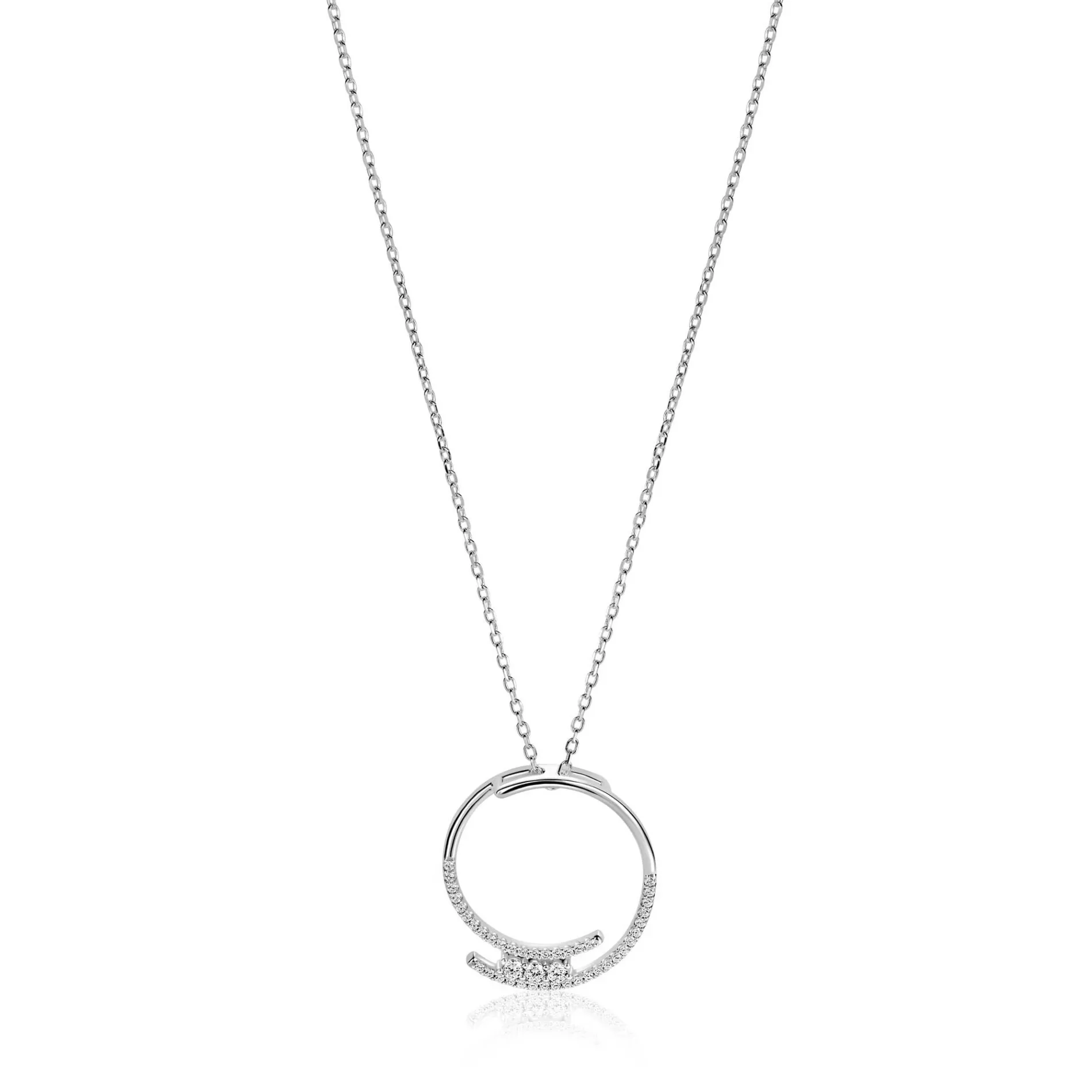 ZINZI zilveren ketting met grote open ronde hanger 25mm bezet met witte zirkonia's 45-50 cm ZIC2645