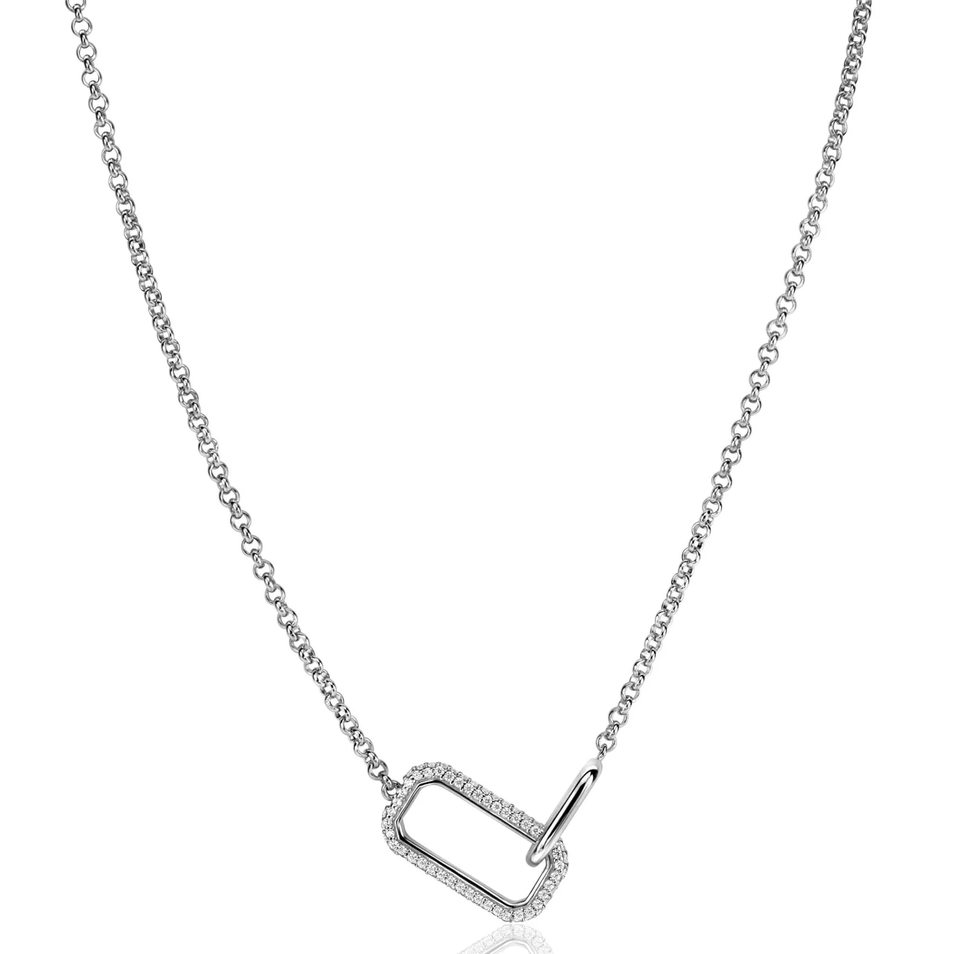 ZINZI zilveren ketting met twee verbonden schakels: een rechthoekige bezet met witte zirconia's en een gladde ovale schakel 40-45cm ZIC2551