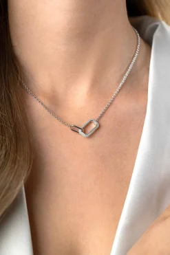 ZINZI zilveren ketting met twee verbonden schakels: een rechthoekige bezet met witte zirconia's en een gladde ovale schakel 40-45cm ZIC2551