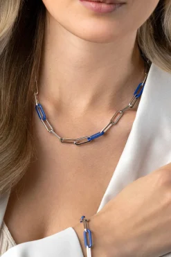 ZINZI zilveren ketting met paperclip-schakels en trendy schakels in lapis blauw 45cm ZIC2549