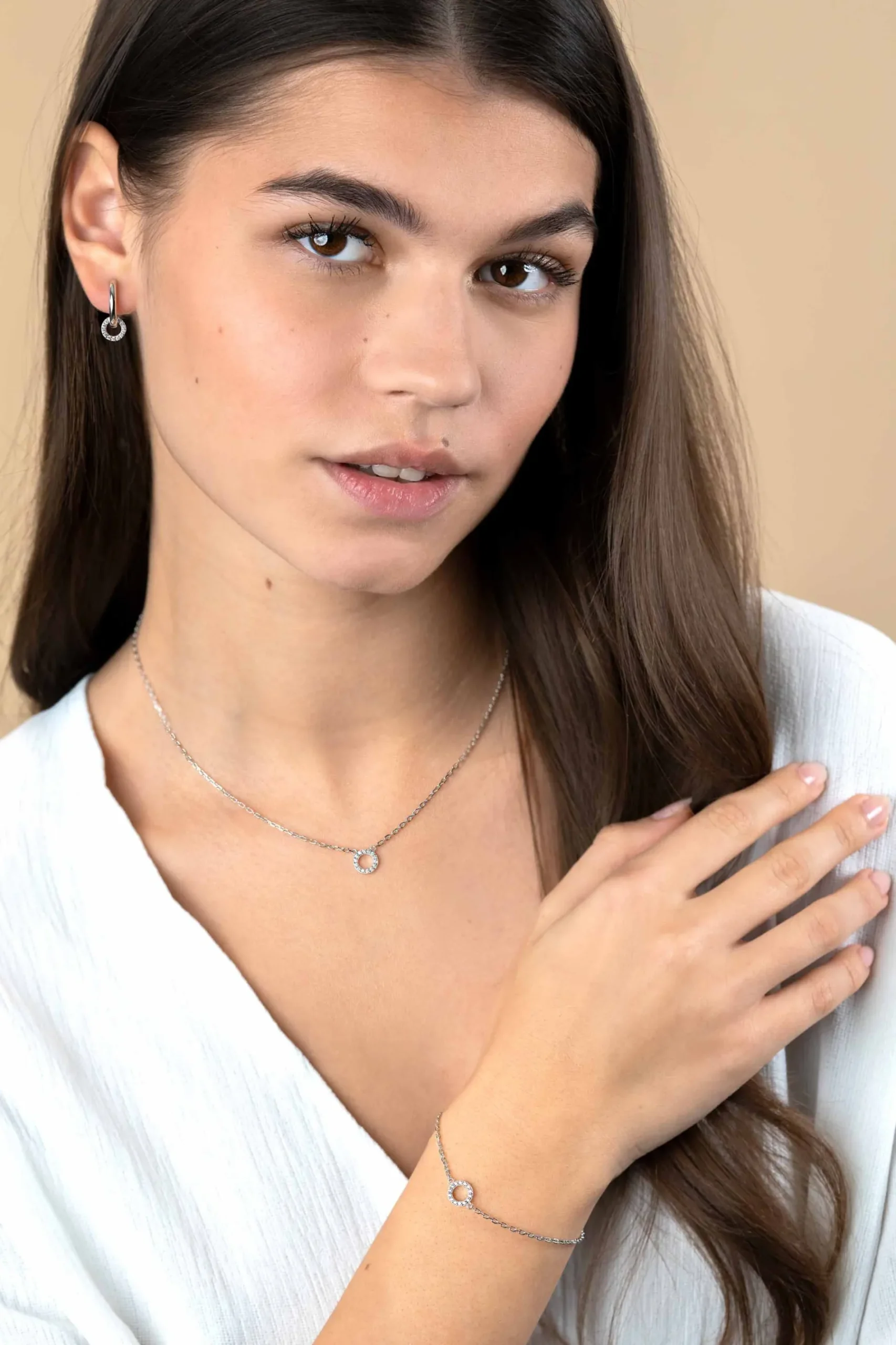 ZINZI zilveren ketting met open rondje (7,5mm) bezet met witte zirconia's 40-45cm ZIC2550
