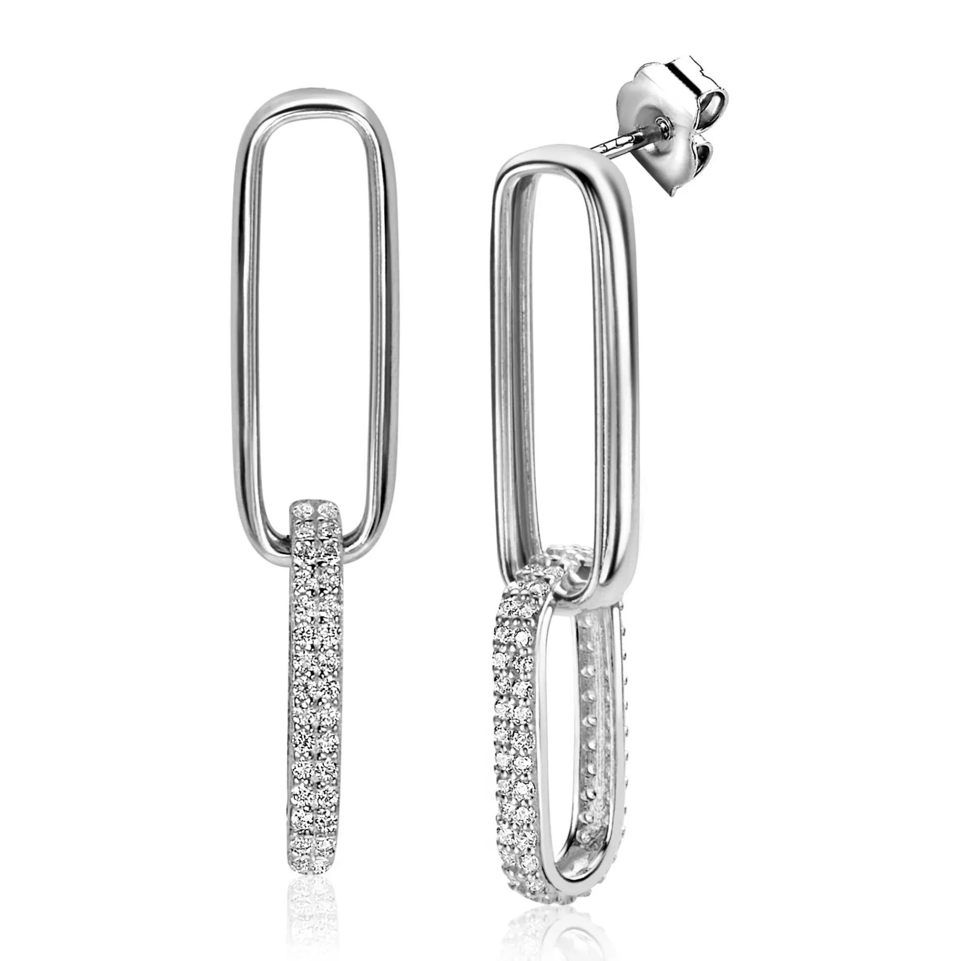 ZINZI zilveren lange oorsieraden 38mm met twee ovale schakels, bezet met witte zirconia's ZIO2371