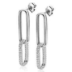 ZINZI zilveren lange oorsieraden 38mm met twee ovale schakels, bezet met witte zirconia's ZIO2371