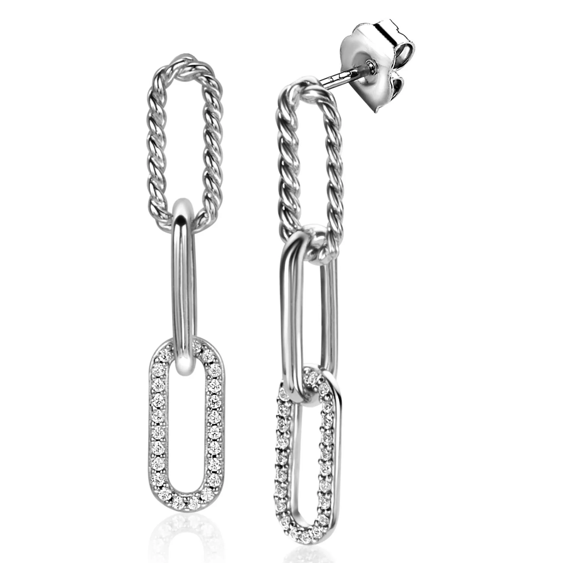 ZINZI zilveren lange oorsieraden 30mm met drie paperclip schakels, glad bewerkt witte zirconia's ZIO2330