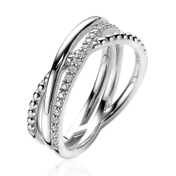 ZINZI zilveren luxe cross-over ring bolletjes glad witte zirconia's ZIR2141