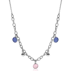 ZINZI zilveren luxe jasseron ketting 45cm met bolletjes en bedels rond in roze en blauw ZIC2005